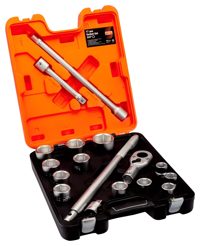 Juego de vasos con cuadrado de 3/4", con perfil hexagonal métrico y cabeza de carraca