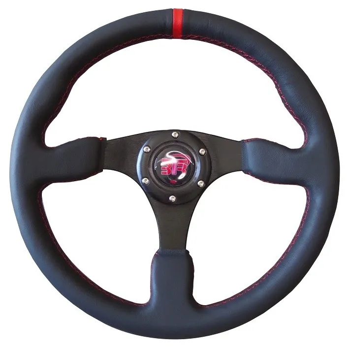 Volante plano racing piel lisa negra, brazos negros, costura roja ,350mm