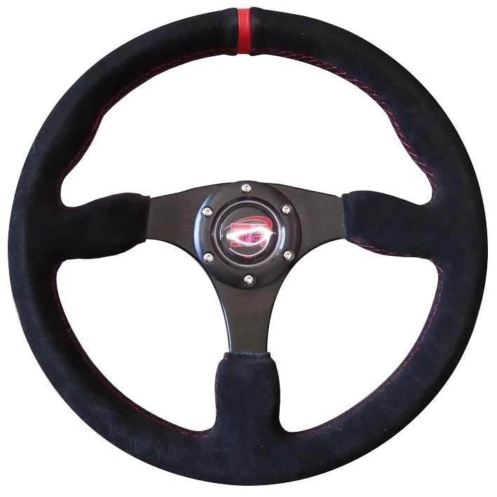 Volante plano racing piel vuelta negra, brazos negros, costura roja, 350mm